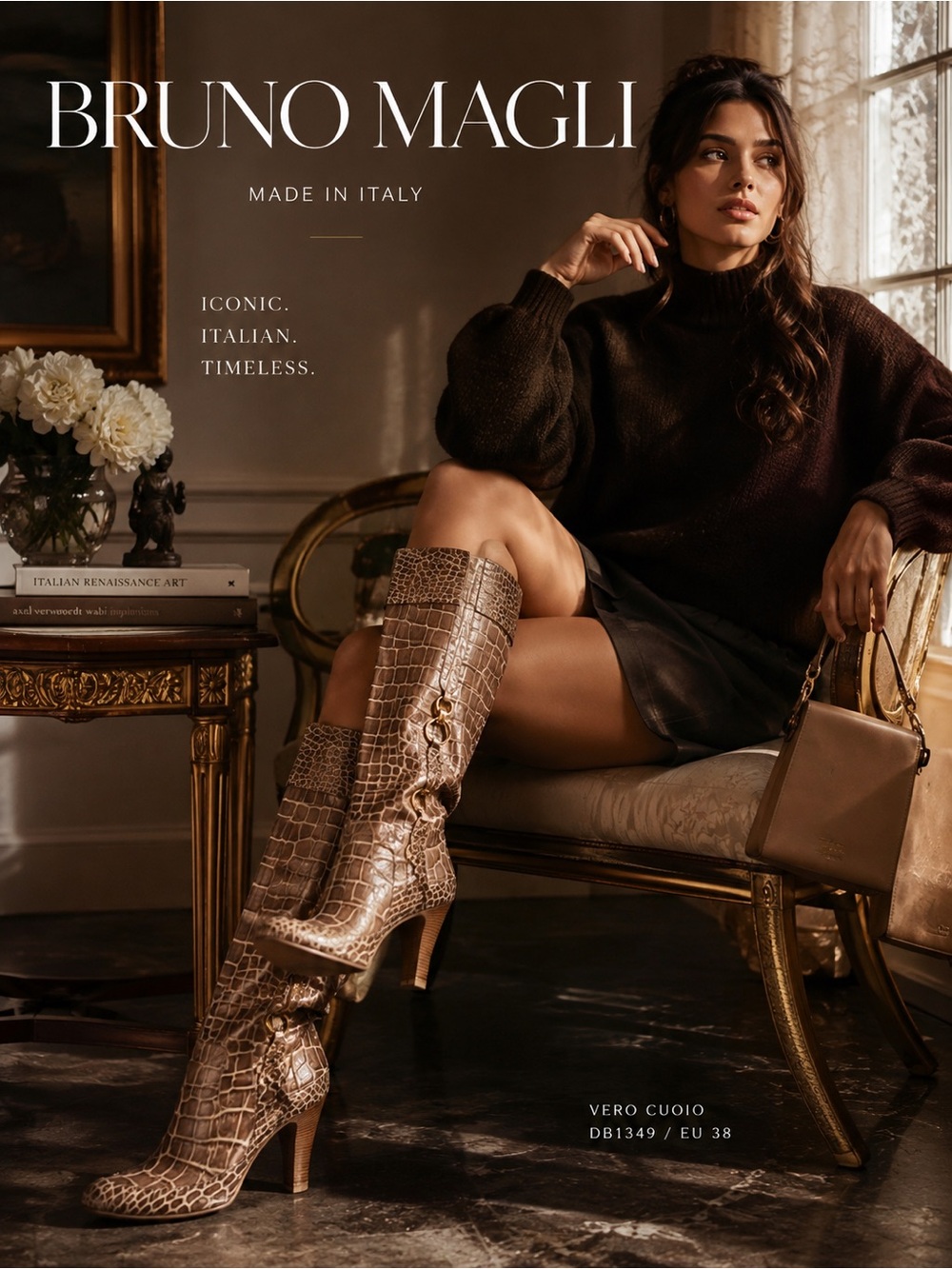 Bruno Magli Croc Embossed Leather Knee High Boots Brown EU 38 Italy